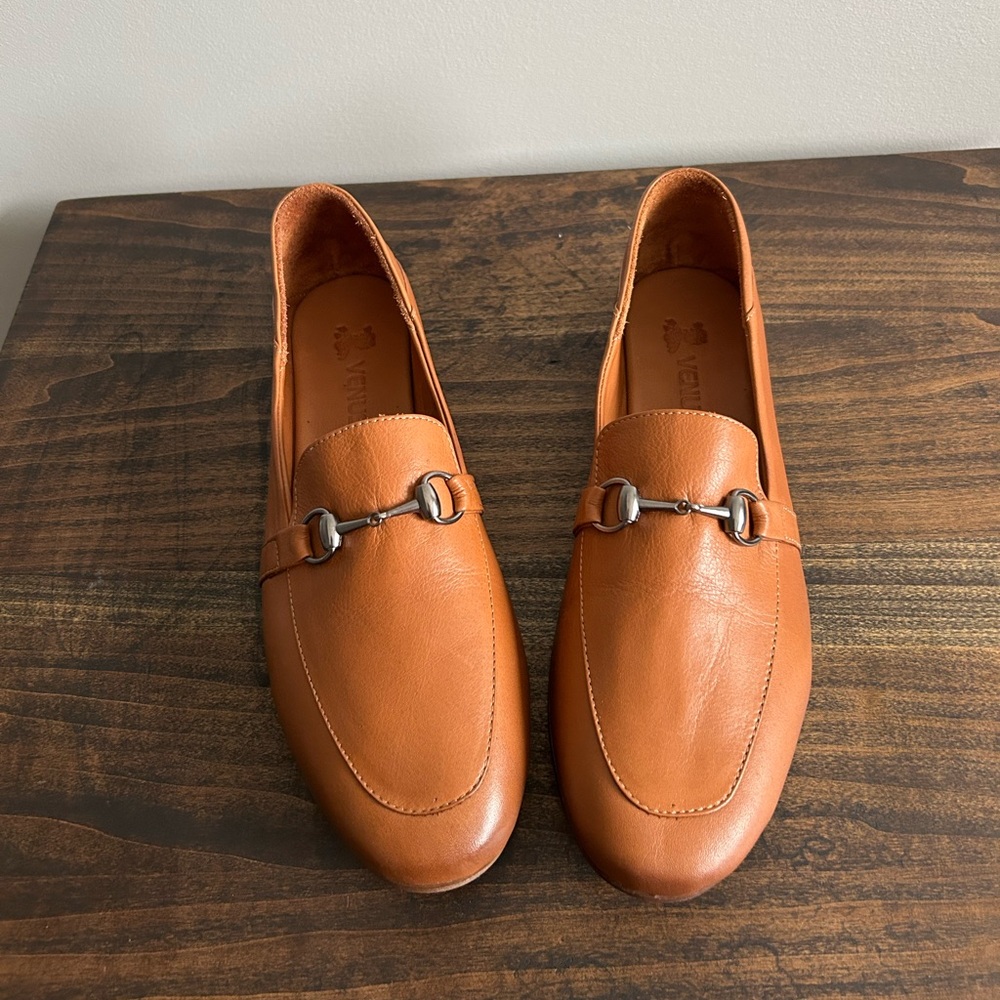 Venus Brown Leather Loafers with Metal Detail, Size 41, US 10.